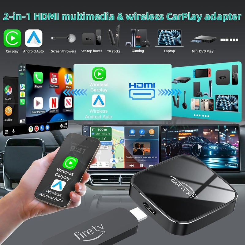 Gogerit Car TV Mate Pro with Wireless CarPlay and Android Auto Adapter,Upgrade HDMl Multimedia Adapter for TV Stick Converter,HDMI Car Play Dongle (Black) - Image 2